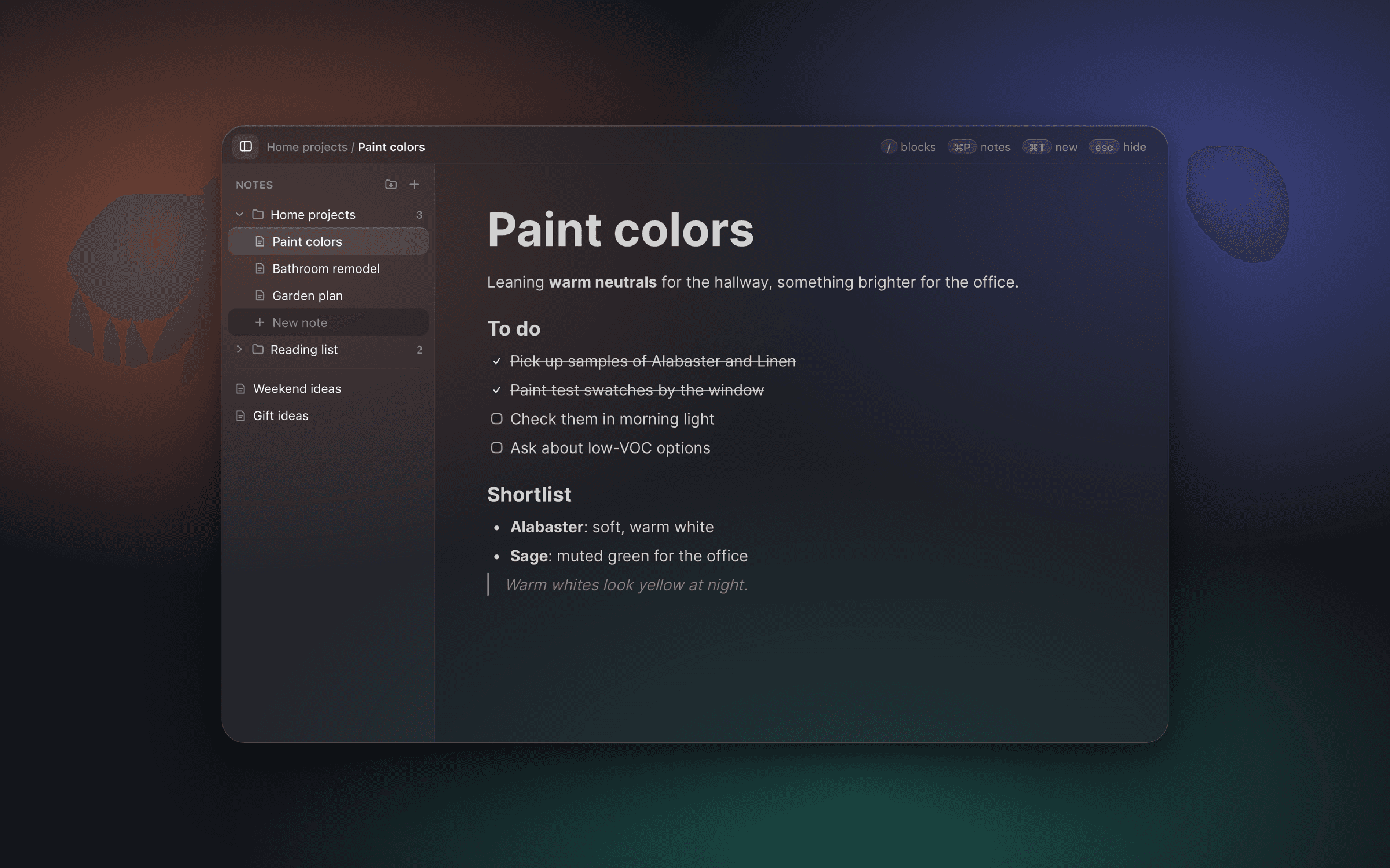 After Thought: a floating glass notes window with folders and a checklist